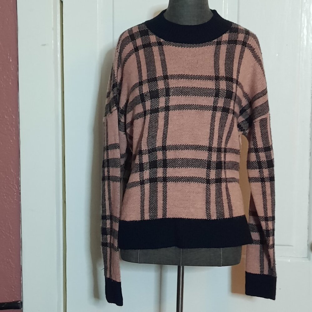 Cozycore Cute Soft Blush Pink & Black Wide Plaid Drop Shoulder Check Sweater XL